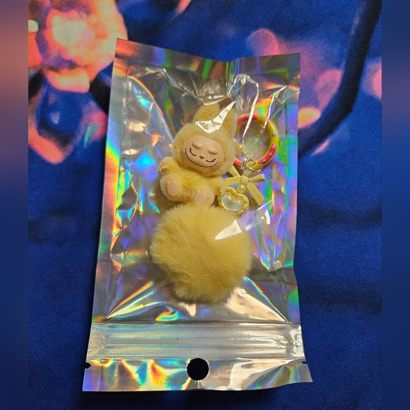 Flocked Fuzzy Have a Seat Labubu Keychain with Heart Gems Pom Pom Bag Charms NEW - Picture 10 of 16